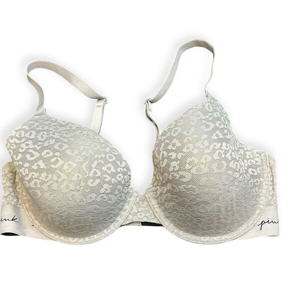 PINK VICTORIA’S SECRET White Gray Leopard Lace Wear Everywhere T-Shirt Lightly L - Picture 1 of 5